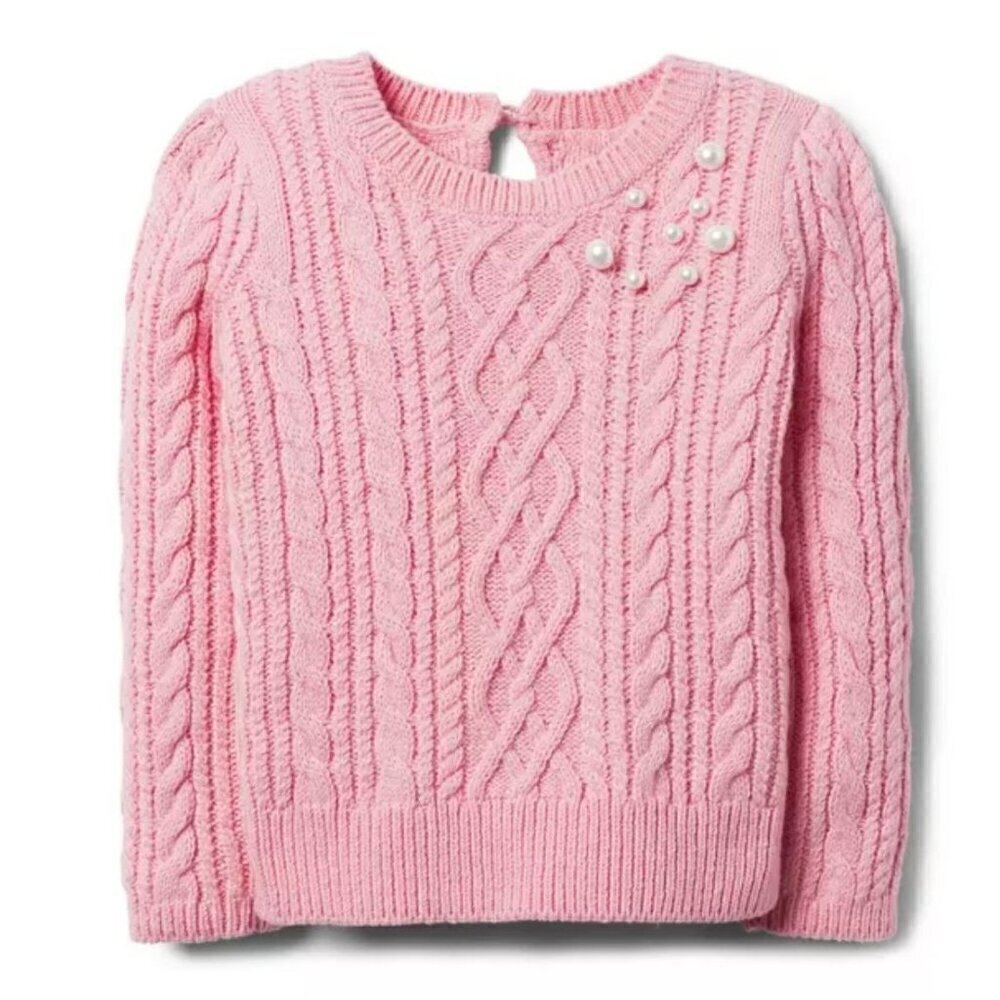 Janie and Jack girls sz 4 pink cable knit sweater faux pearl beads wool blend